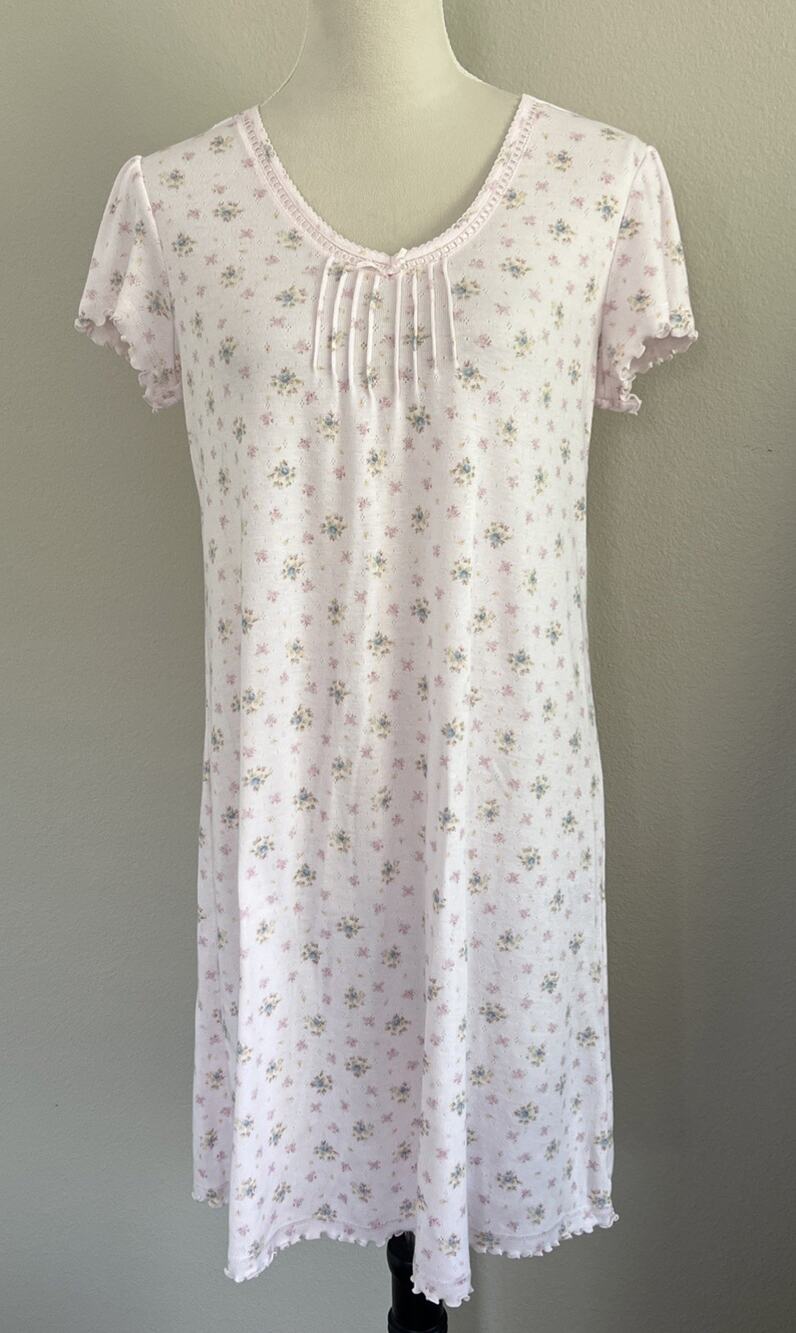 Miss Elaine Nightgown Womens Med Pink Floral Ruffle Trim Short Sleeves Sleepwear